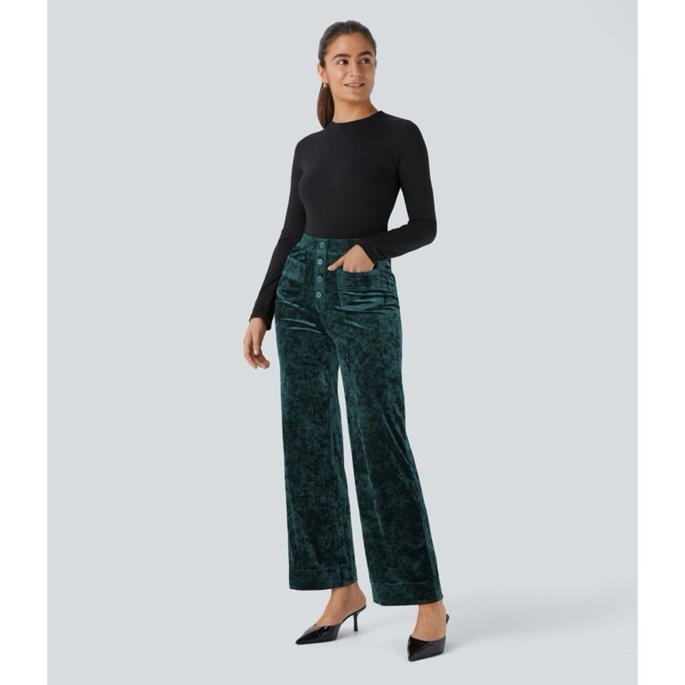 NWT Halara High Waisted Pockets Straight Leg Velvet Casual Pants‎ green small - Picture 6 of 16